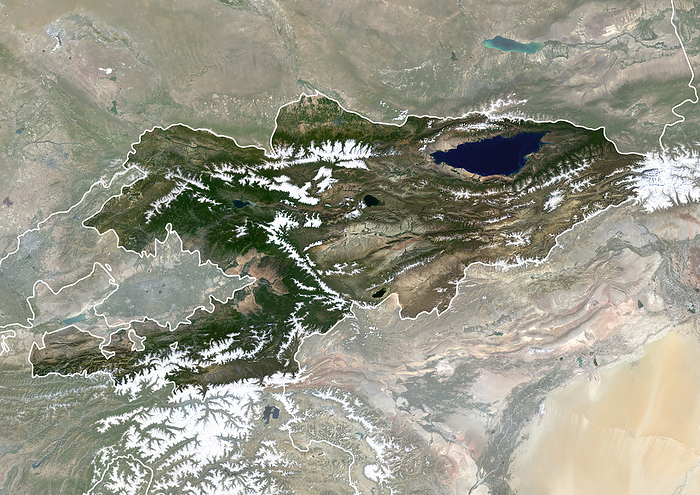 Kyrgyzstan with borders and mask Color satellite image of Kyrgyzstan, with borders and mask., by Planet Observer Universal Images Group
