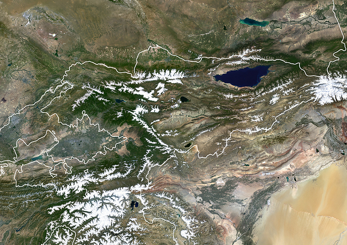 Kyrgyzstan with borders Color satellite image of Kyrgyzstan and neighbouring countries, with borders., by Planet Observer Universal Images Group