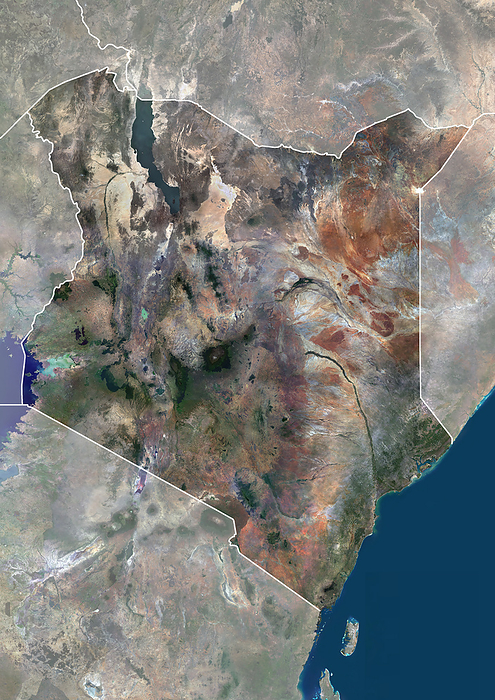 Kenya with borders and mask Color satellite image of Kenya, with borders and mask., by Planet Observer Universal Images Group