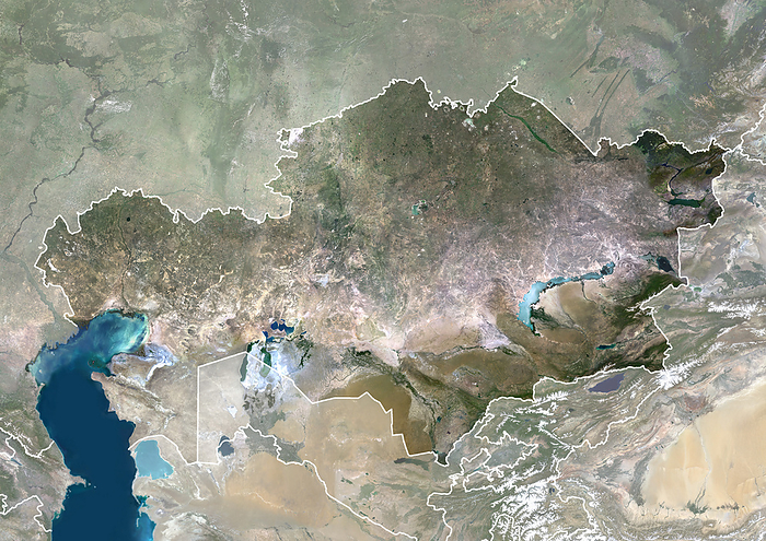 Kazakhstan with borders and mask Color satellite image of Kazakhstan, with borders and mask., by Planet Observer Universal Images Group