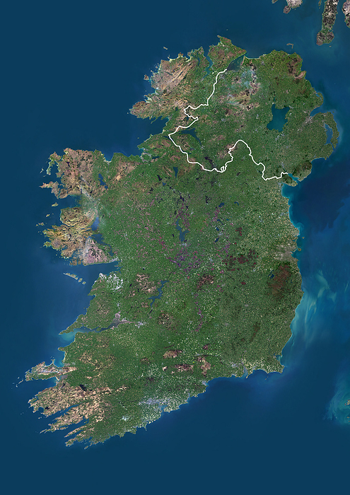 Republic of Ireland and Northern Ireland, with borders Color satellite image of the Republic of Ireland and Northern Ireland, with borders., by Planet Observer Universal Images Group