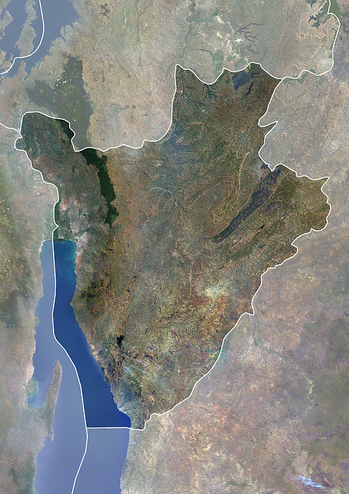 Burundi with borders and mask Color satellite image of Burundi, with borders and mask. The country is in the Great Rift Valley. Lake Tanganyika lies along its southwestern border., by Planet Observer Universal Images Group