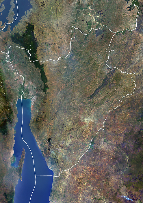 Burundi with borders Color satellite image of Burundi and neighbouring countries, with borders. The country is in the Great Rift Valley. Lake Tanganyika lies along its southwestern border., by Planet Observer Universal Images Group