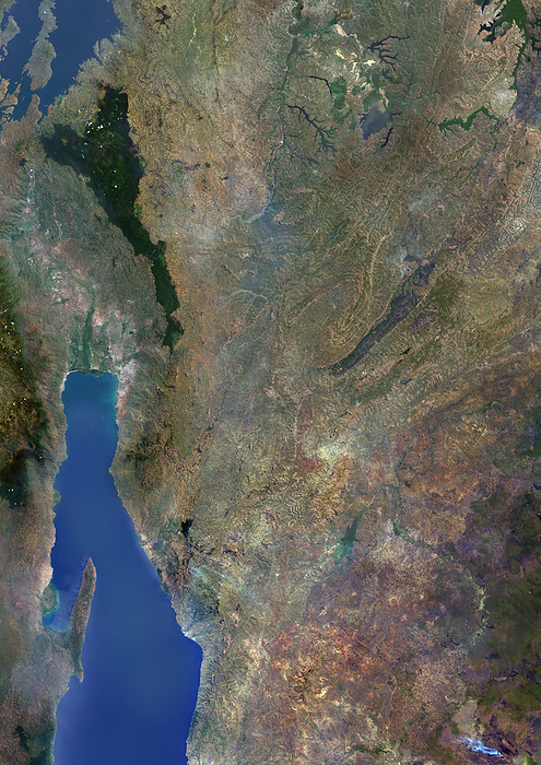 Burundi Color satellite image of Burundi and neighbouring countries. The country is in the Great Rift Valley. Lake Tanganyika lies along its southwestern border., by Planet Observer Universal Images Group