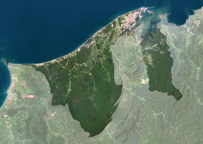 Brunei with mask Color satellite image of Brunei, with mask. The country is  located on the north coast of the island of Borneo in Southeast Asia., by Planet Observer Universal Images Group