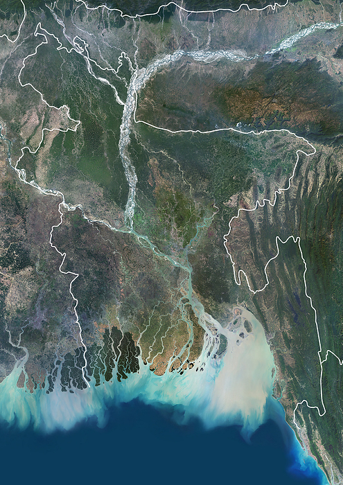 Bangladesh with borders Color satellite image of Bangladesh and neighbouring countries, with borders. Located on the Bay of Bengal, the country is dominated by the fertile Ganges Delta., by Planet Observer Universal Images Group