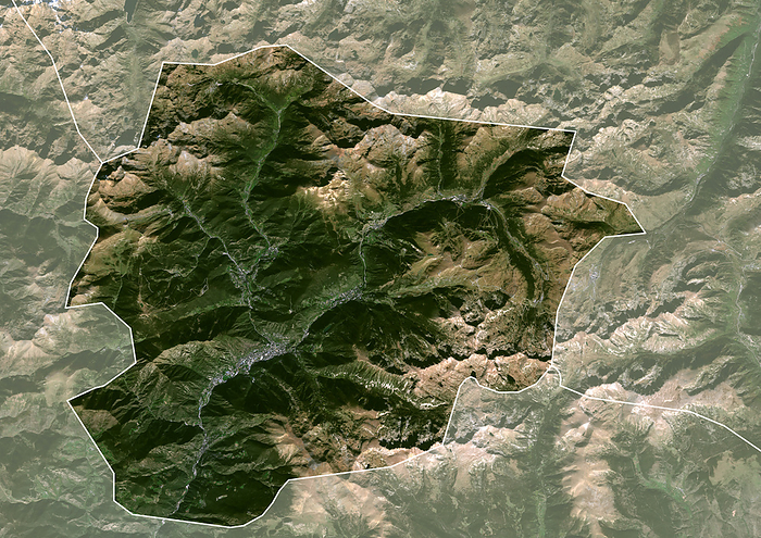 Andorra with borders and mask Color satellite image of Andorra with borders and mask, a tiny independent principality situated between France and Spain in the Pyrenees mountains., by Planet Observer Universal Images Group