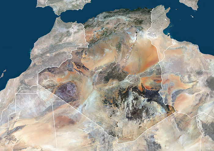 Algeria with borders and mask Color satellite image of Algeria, with borders and mask., by Planet Observer Universal Images Group