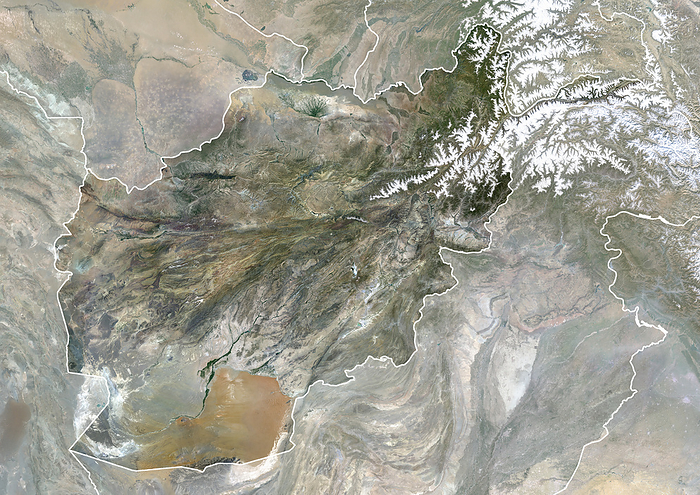 Afghanistan with borders and mask Color satellite image of Afghanistan, with borders and mask., by Planet Observer Universal Images Group