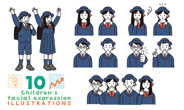 Illustration set of simple facial expressions of elementary school students in school uniforms
