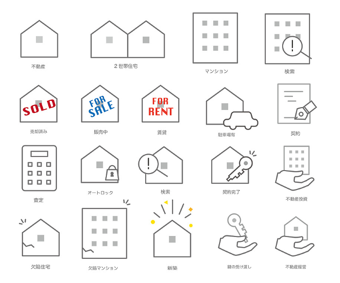 real estate-simple black and white line drawing vector illustration set