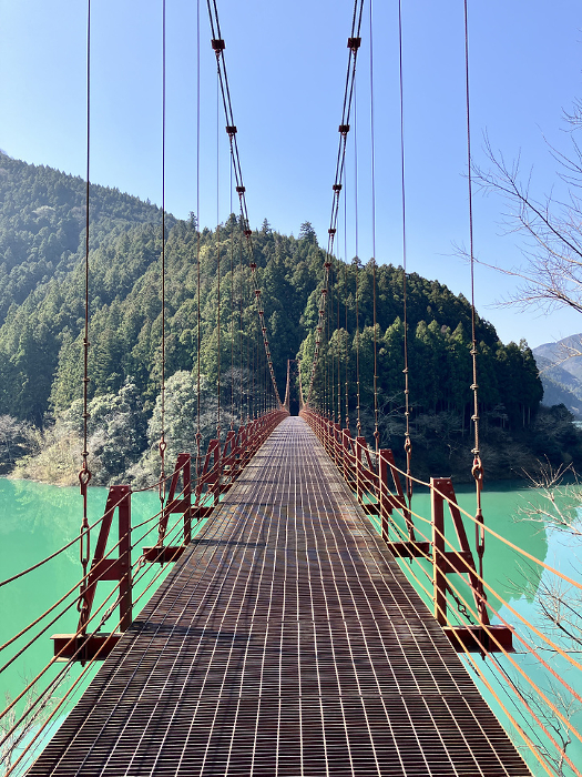Suspension bridge over green dammed lake