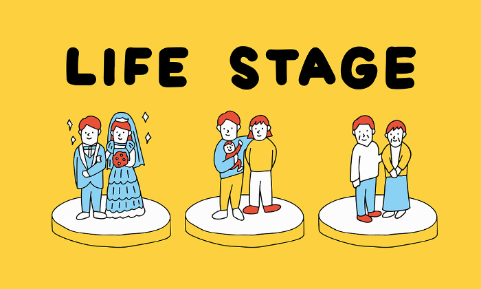 Illustration of an image of a senior couple in the life stages of marriage, childbirth, and living on a pension