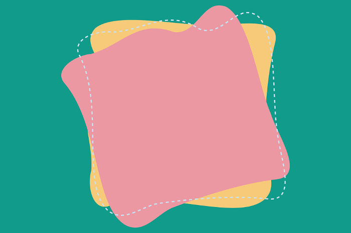 Loose pink and yellow squares and dotted frames on green background