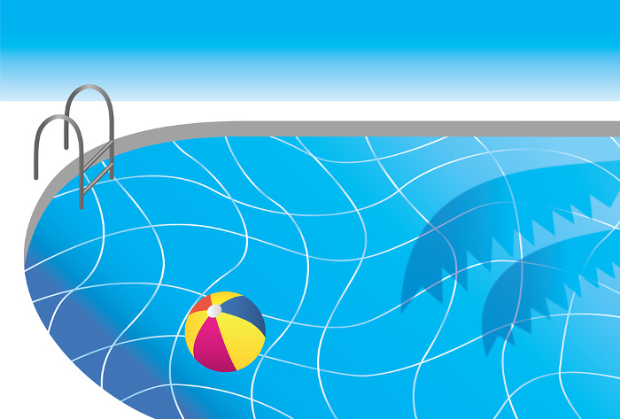 Poolside hot-weather greeting card with floating beach ball