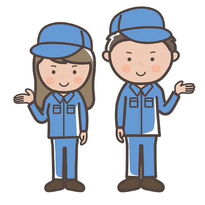 Clip art of male and female workers (cleaners) in work clothes explaining and guiding