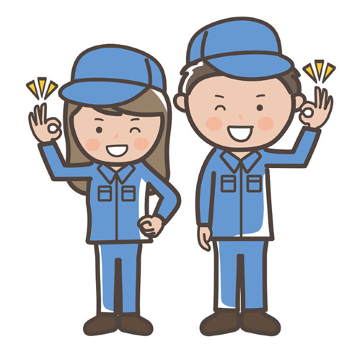 Clip art of male and female worker (cleaner) in work clothes giving OK sign of understanding