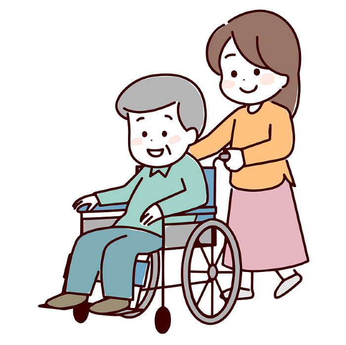 Woman pushing wheelchair and smiling senior man