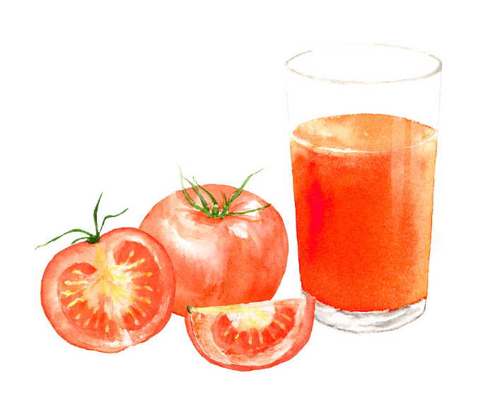 Watercolor illustration of tomato and tomato juice
