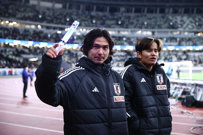 FIFA World Cup 2026 AFC Asian Qualifiers Round 2 match Japan vs North Korea Japan s Takumi Minamino  L  and Takefusa Kubo pose after winning the FIFA World Cup 2026 AFC Asian Qualifiers Round 2 match between Japan 1 0 North Korea at National Stadium in Tokyo, Japan, March 21, 2024.  Photo by JFA AFLO 