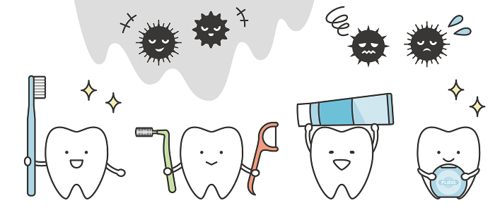 Cute tooth characters with toothbrushes and floss and caries