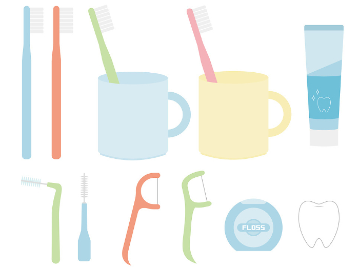 Illustration set of toothbrush, toothpaste, interdental brush and floss flat design