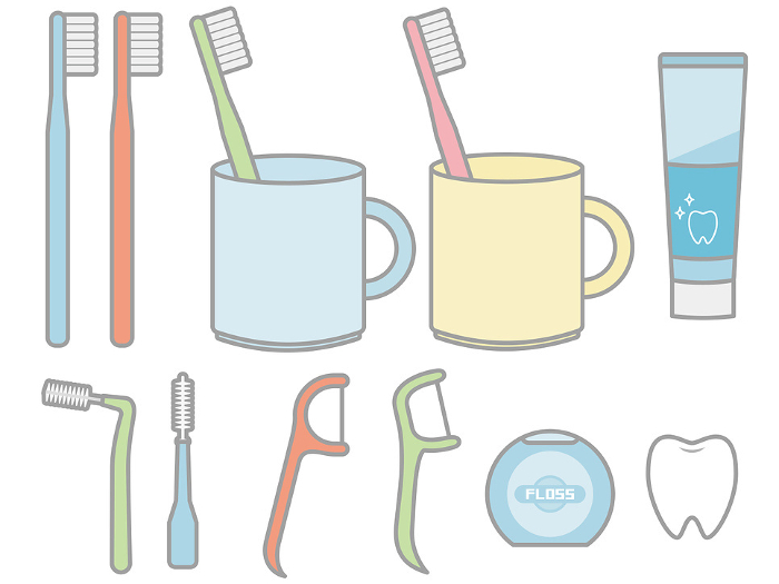 Illustration set of toothbrush, toothpaste, interdental brush and floss with outline