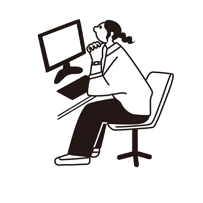 Line drawing vector of a woman looking at a computer and thinking