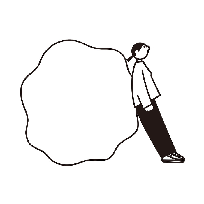 Line drawing vector of a woman standing with a speech balloon