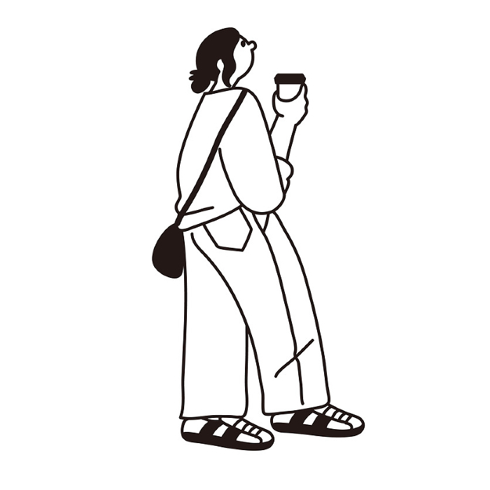 Line drawing vector of a woman looking up with coffee