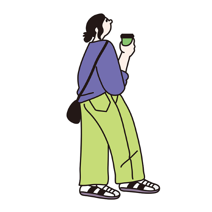 Line drawing vector of a woman looking up with coffee