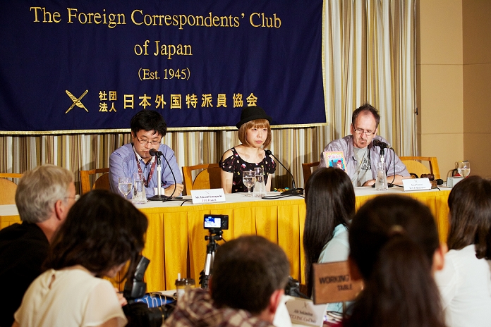 Arrested for distributing 3D data of genitalia Ms. Bakudanashiko s press conference July 24, 2014, Tokyo, Japan    L to R  The lawyer Takashi Yamaguchi and the artist Megumi Igarashi  Rokudenashiko , speak about her detention for her genital inspired works at The Foreign Correspondents  Club of Japan on July 24, 2014. Igarashi also known as Rokudenashiko was arrested last week for distributing data by internet that allowed recipients to make 3D prints of her vagina. Japan still outlaws the depiction of actual genitalia even though it has a large pornography industry. The artist Igarashi had been trying to raise funds online to pay for the construction of a kayak modelled on the shape of her genitals. Before her arrest she had collected 1 million yen  9,831USD  through a crow funding website and in exchange for donations she had supplied data to supporters that would let them create 3D prints of her genitals.  Photo by Rodrigo Reyes Marin AFLO 