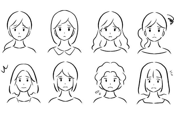 Clip art of set of troubled expression of young woman