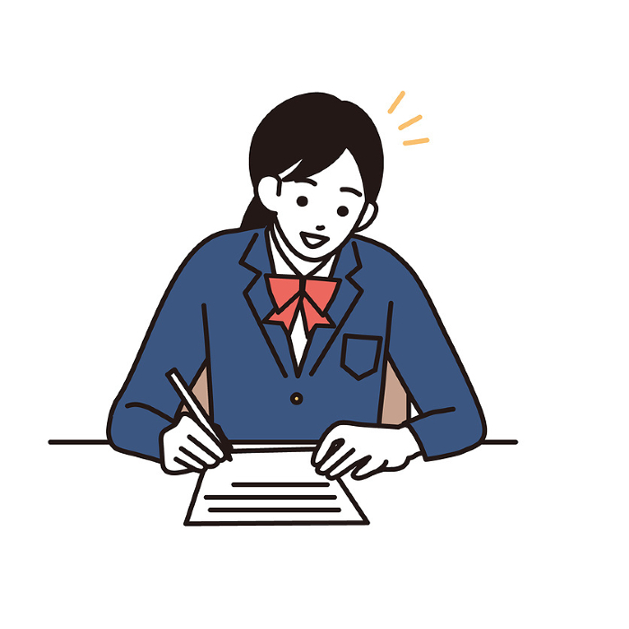 Simple illustration of a teenage girl in uniform taking a test.