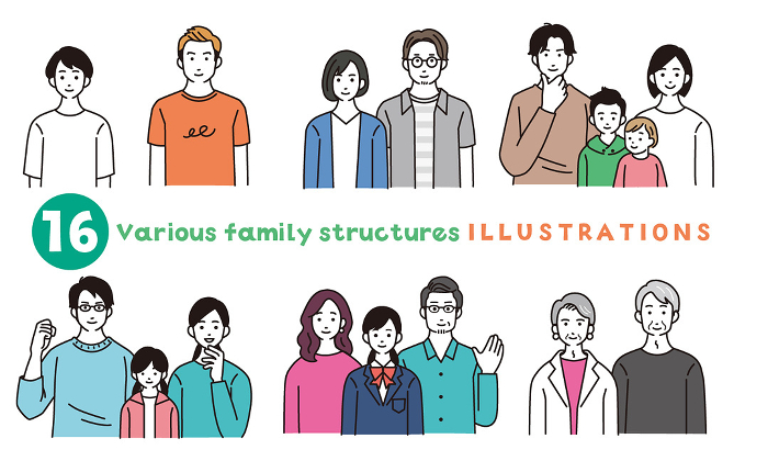 Set of illustrations of various family structures