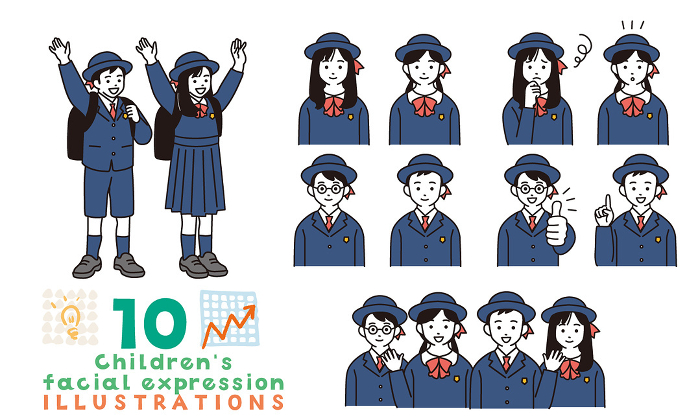 A set of simple illustrations of elementary school students in school uniforms