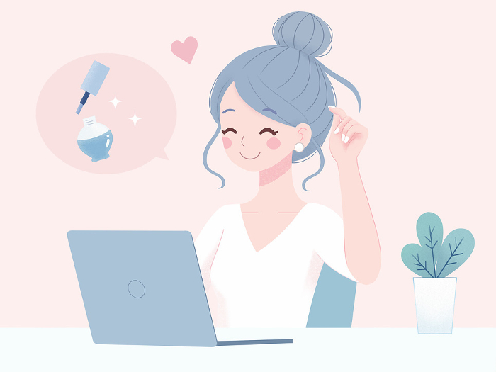 Illustration of a woman who teleworks comfortably at a stylish desk (nails, piercings, hairstyle free)