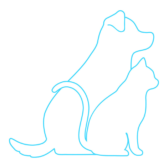 Simple, cute outline silhouettes of a dog and cat overlapping.