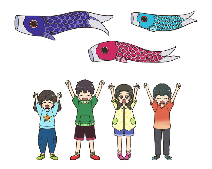 Koinobori (carp streamers) swimming in the sky with children rejoicing on Children's Day