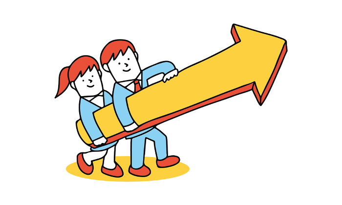 Illustration of junior high and high school students holding a big arrow Concept of future, growth, future, and moving toward dreams