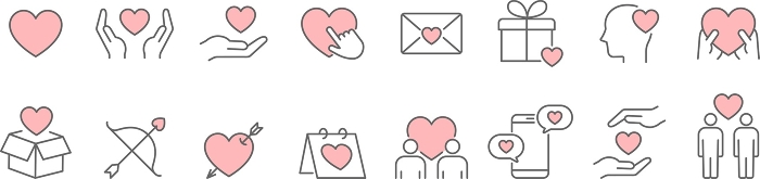 Pink line drawing icon set about love