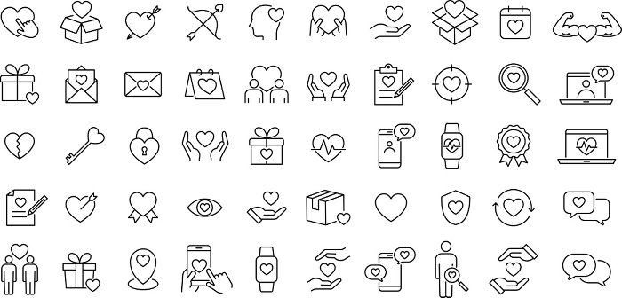 Monochrome line drawing icon set about hearts