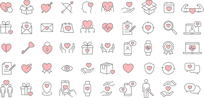 Pink line drawing icon set about hearts