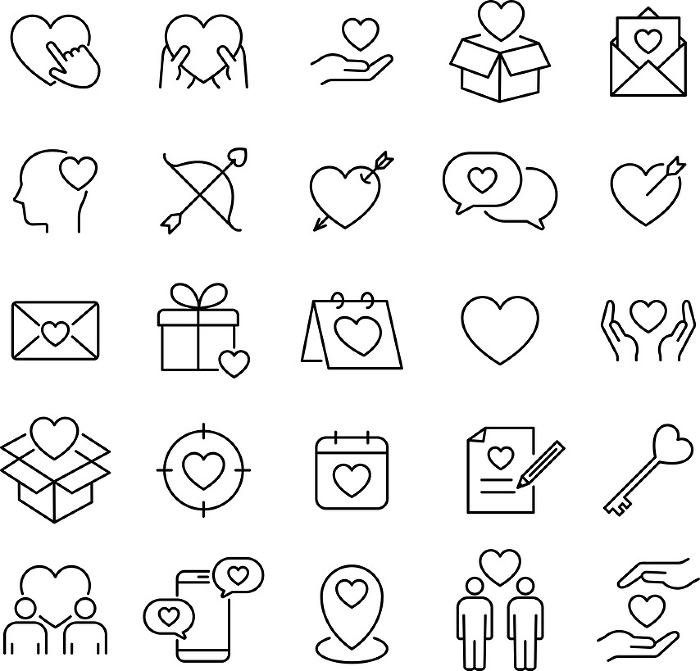 Black and white line drawing icon set about charity and love