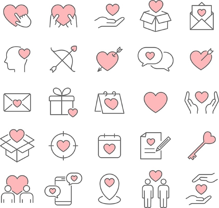 Pink line drawing icon set about charity and love