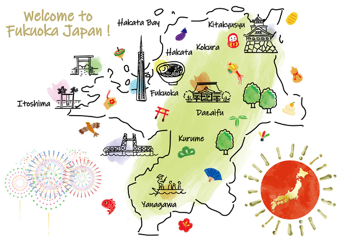 Cute illustration map and lucky charms of sightseeing spots in Fukuoka Prefecture