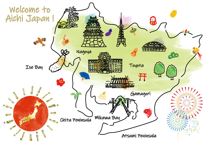 Cute illustration map and lucky charms of sightseeing spots in Aichi Prefecture