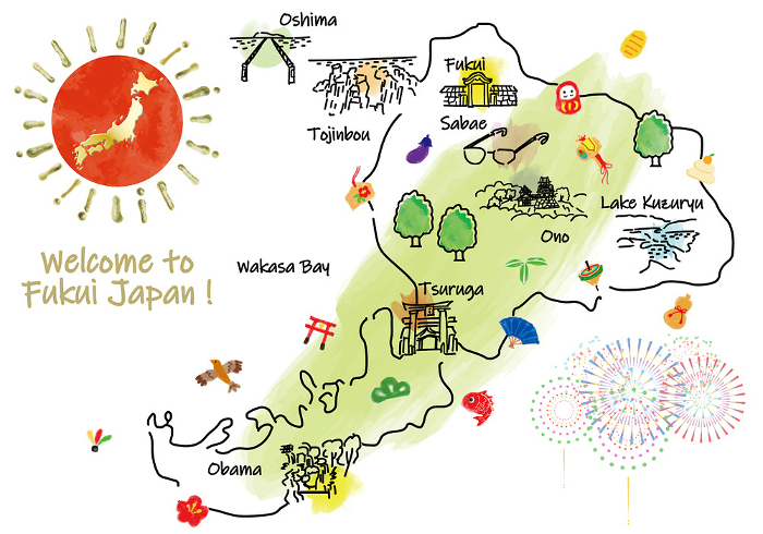 Cute illustration map and lucky charms of sightseeing spots in Fukui Prefecture