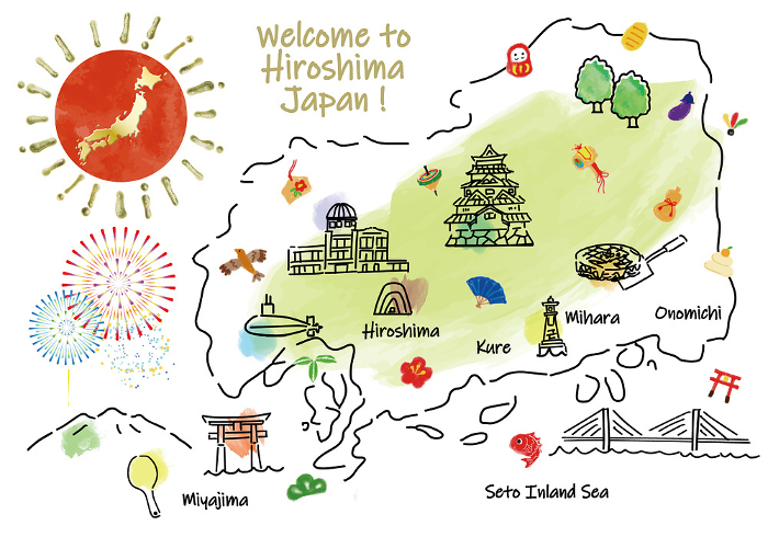 Cute illustrated map of sightseeing spots and lucky charms in Hiroshima