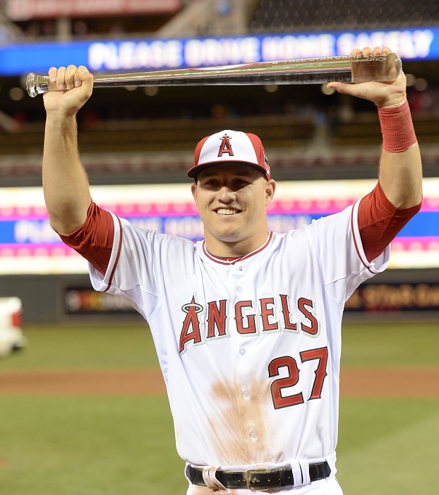 2014 MLB All Star. Trout Wins MVP Mike Trout  American , JULY 15, 2014   MLB : American League All Star Mike Trout of the Los Angeles Angels celebrates with his MVP trophy after the 2014 Major League Baseball All Star Game at Target Field in Minneapolis, Minnesota, United States.  Photo by AFLO 